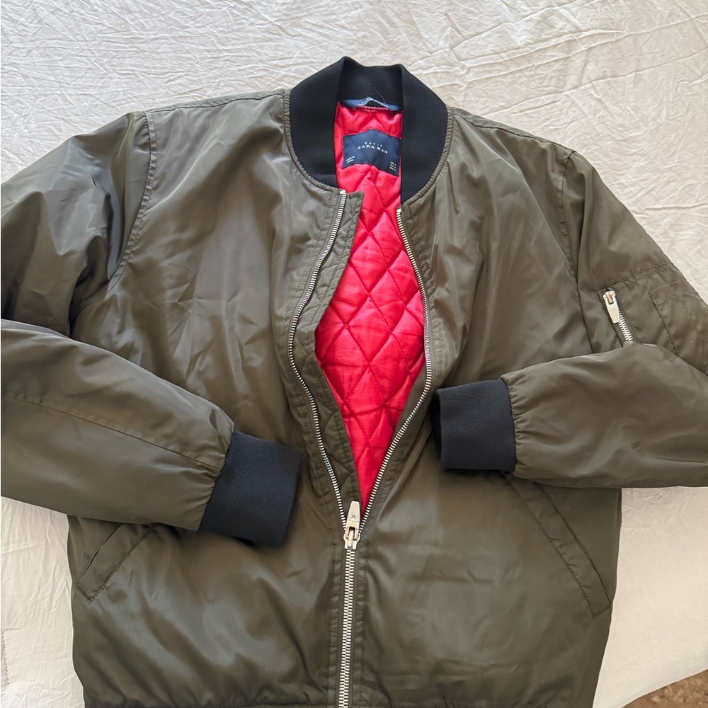 Zara Green and Red Bomber Jacket with Quilted Lining